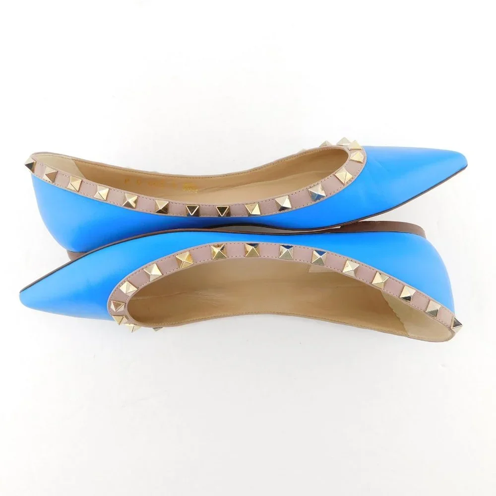 VALENTINO Rockstud Brilliant Blue Leather Ballerina Flats 38.5
